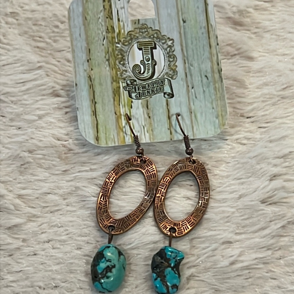 Hammered copper earrings with African turquoise bead-The Jewelry Junkie